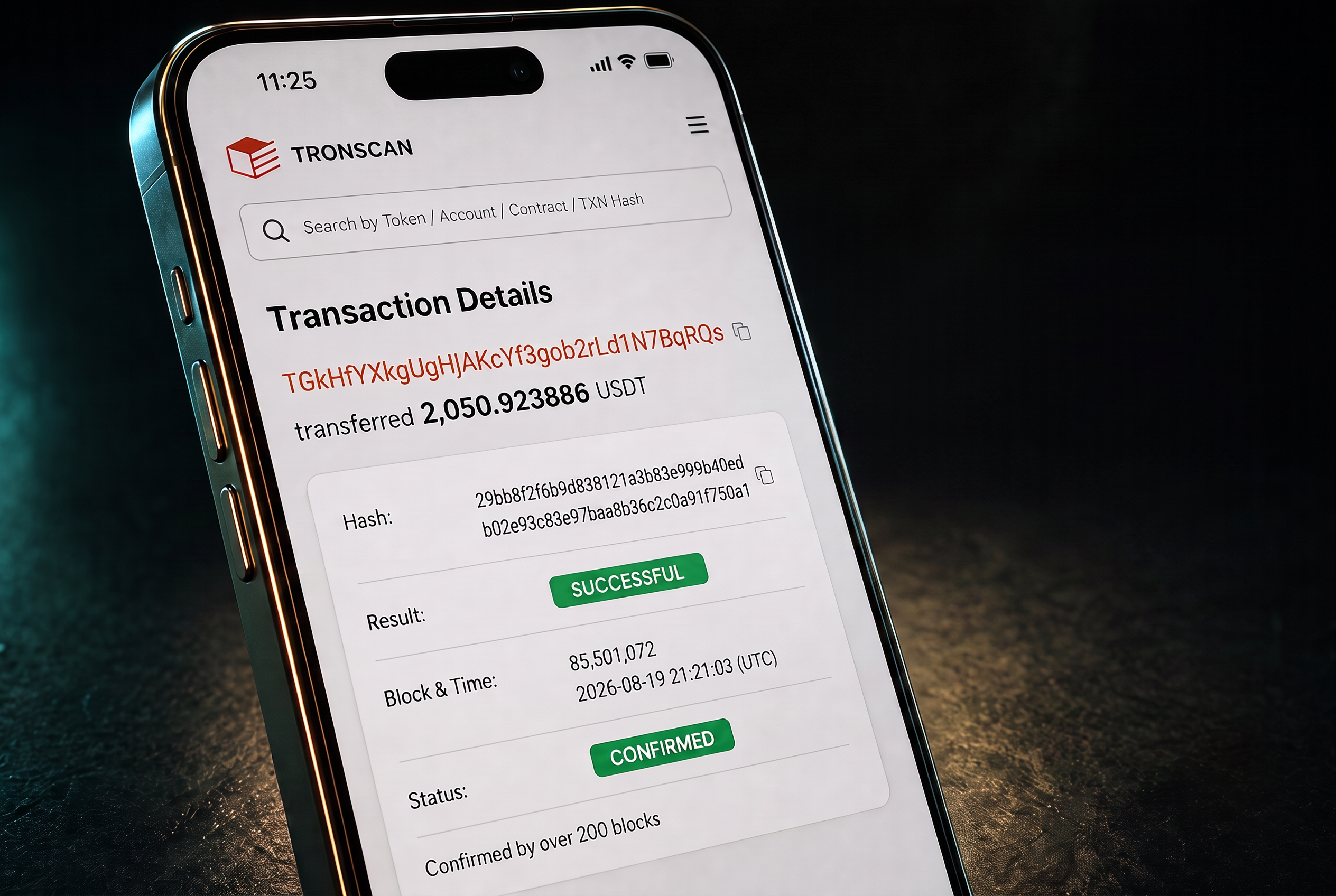 Tronscan reward transaction shown on a phone